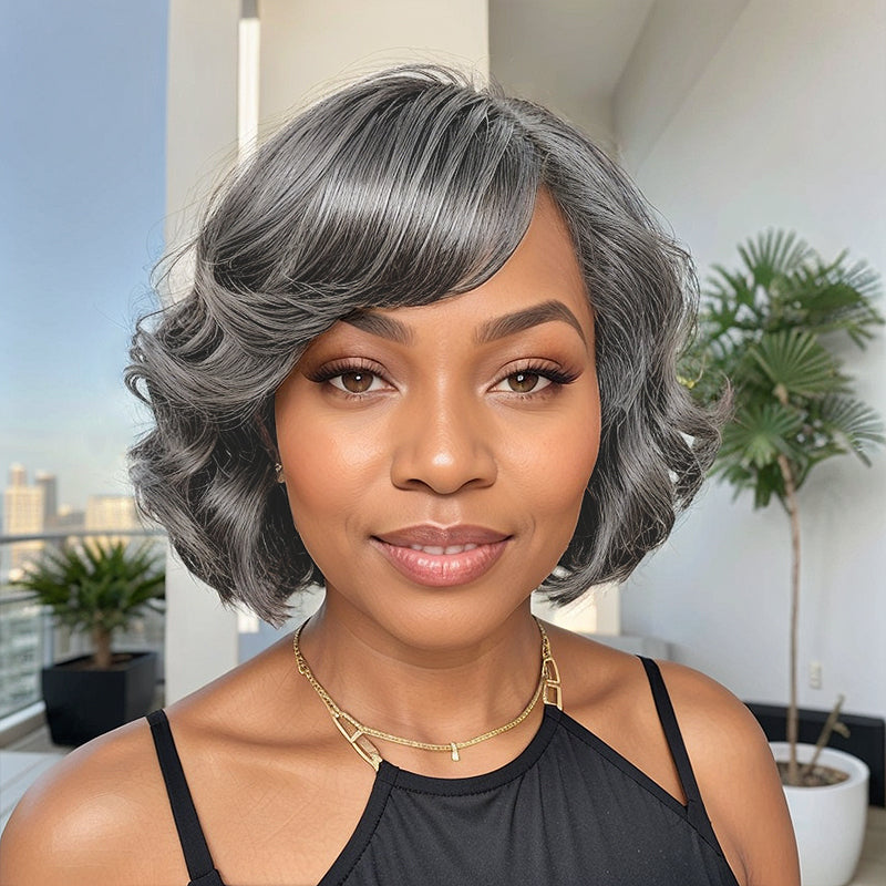 Glueless Salt And Pepper Loose Wave Bob Wig With Bangs For Black Women Linktohair 5688