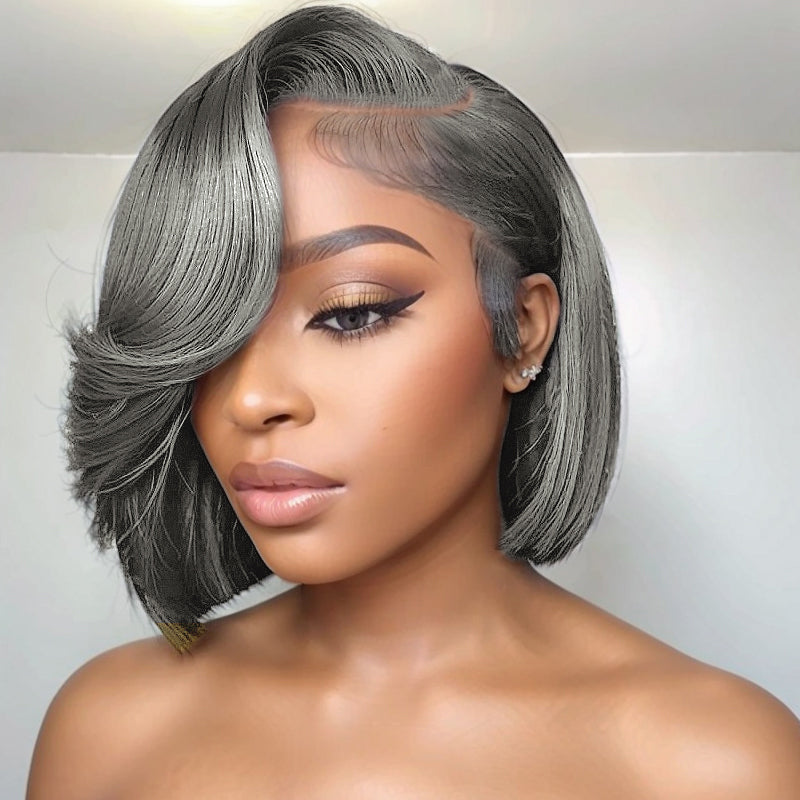 Trendy Design Salt And Pepper Grey Glueless Wavy Bob 5x5 Hd Lace Fron