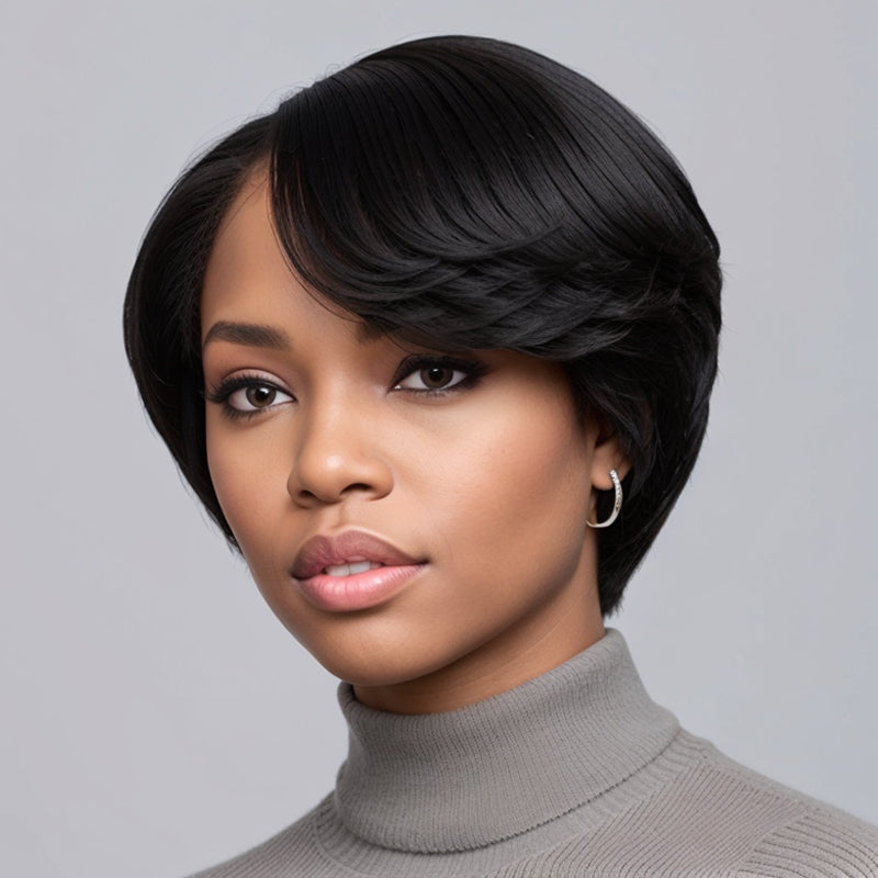 13x4 Lace Front Wig Pixie Cut Short Black Side Part Bob Wig with Bangs 100% Human Hair