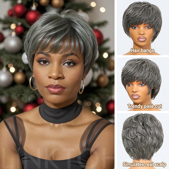 Salt And Pepper Short Straight Pixie Cut with Bangs 100% Human Hair Wig
