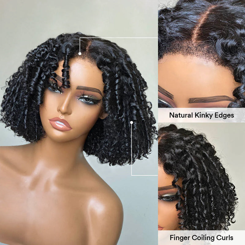 Put On & Go Finger Coiling Curls With Kinky Edges 5x5 Closure Lace Short Bob Wig