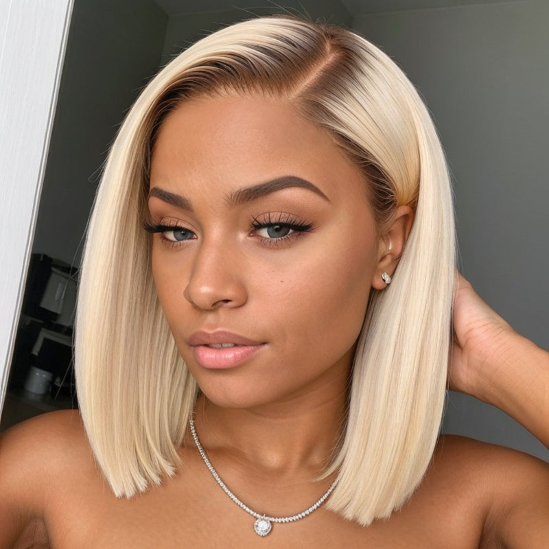 4613 Blonde Bob Wigs With Dark Brown Roots Ombre Lace Closure Bob Wi Linktohair 9498