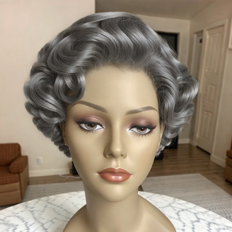 Elegant Ladies Vibe Wig Salt And Pepper Short Cut 13x4 Lace Front Bob Human Hair Wigs