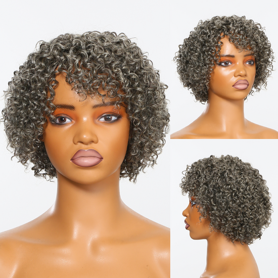 Linktohair Salt And Pepper Kinky Curly Glueless Bob Wig 100% Human Hair