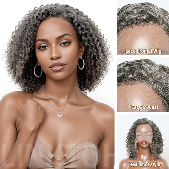 Salt And Pepper Grey Hair Deep Curly HD 13x4 Lace Front Wig 100% Human Hair