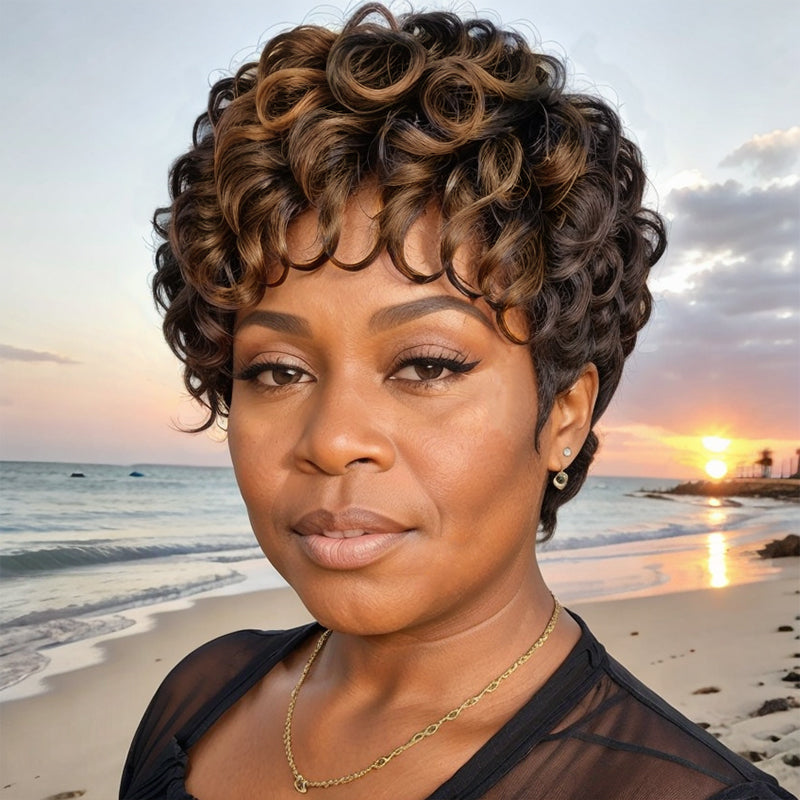 Black Mix Brown Highlight Short Deep Curly Wave Pixie Cut Wigs Human Hair For Black Woman