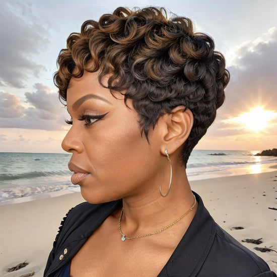 Black Mix Brown Highlight Short Deep Curly Wave Pixie Cut Wigs Human Hair For Black Woman