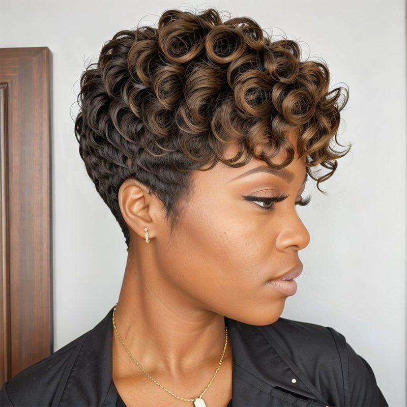 Black Mix Brown Highlight Short Deep Curly Wave Pixie Cut Wigs Human Hair For Black Woman