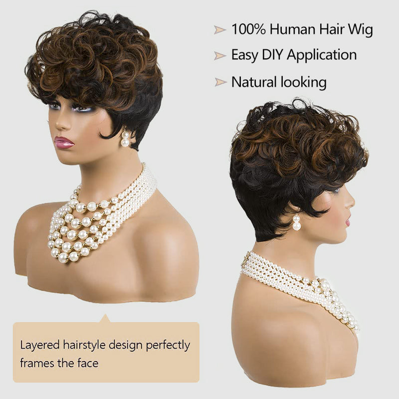 Black Mix Brown Highlight Short Deep Curly Wave Pixie Cut Wigs Human Hair For Black Woman