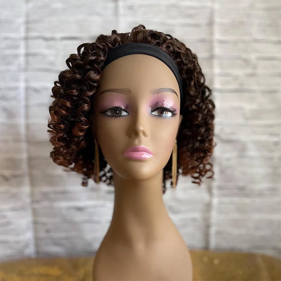 Brown Highlights Headband Short Twist Bob Wigs Kinky Curly Glueless Wig for Black Women