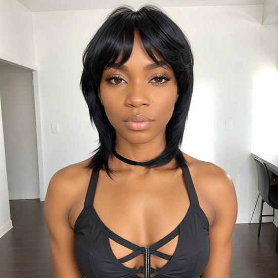 Glueless Pixie Cut 5x5 Lace Closure Wigs Short Straight Bob 80s 90s Mullet WigWith Bangs for Black Women