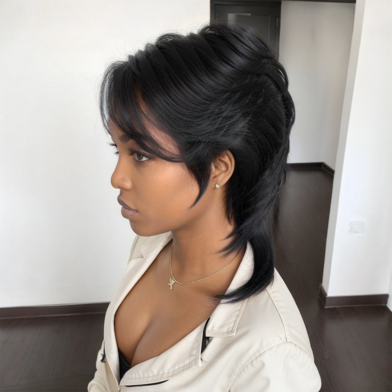 Glueless Pixie Cut 5x5 Lace Closure Wigs Short Straight Bob 80s 90s Mullet WigWith Bangs for Black Women