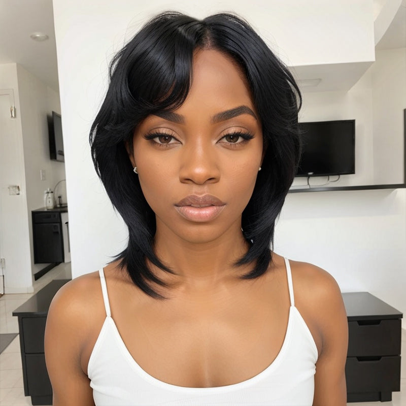 Glueless Pixie Cut 5x5 Lace Closure Wigs Short Straight Bob 80s 90s Mullet WigWith Bangs for Black Women