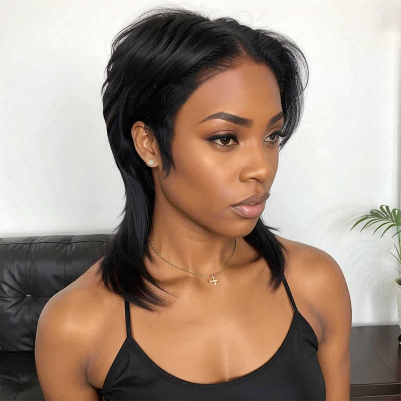 Glueless Pixie Cut 5x5 Lace Closure Wigs Short Straight Bob 80s 90s Mullet WigWith Bangs for Black Women