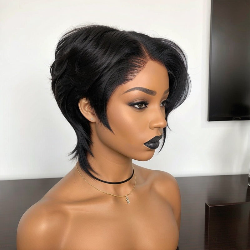 Glueless Pixie Cut 5x5 Lace Closure Wigs Short Straight Bob 80s 90s Mullet WigWith Bangs for Black Women