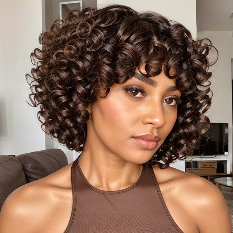 Glueless Short Bob Highlight 4/27 Color Loose Curly Wig With Bangs Human Hair Wigs
