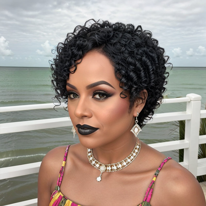 Glueless Short Salt And Pepper / Black Pixie Cut Curly Wig 100% Human Hair