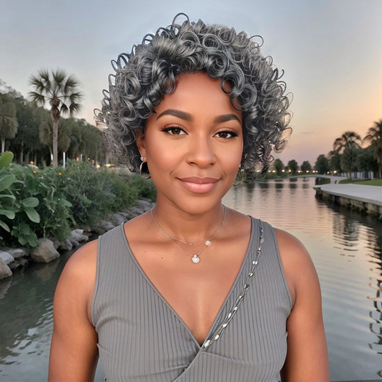 Glueless Short Salt And Pepper / Black Pixie Cut Curly Wig 100% Human Hair