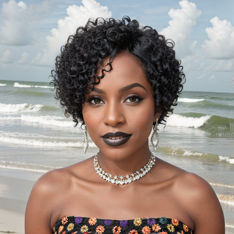 Glueless Short Salt And Pepper / Black Pixie Cut Curly Wig 100% Human Hair