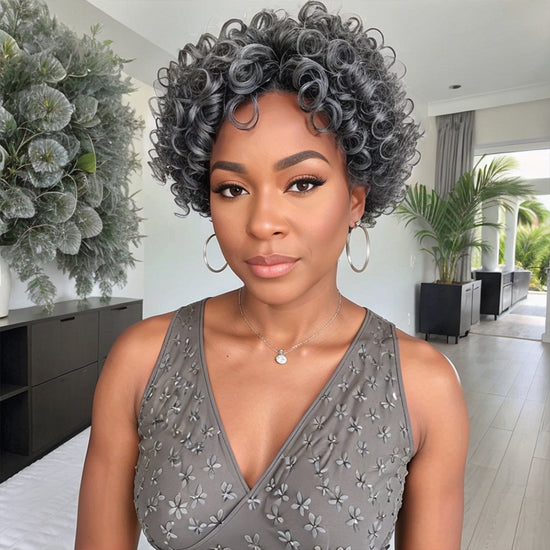 Glueless Short Salt And Pepper / Black Pixie Cut Curly Wig 100% Human Hair