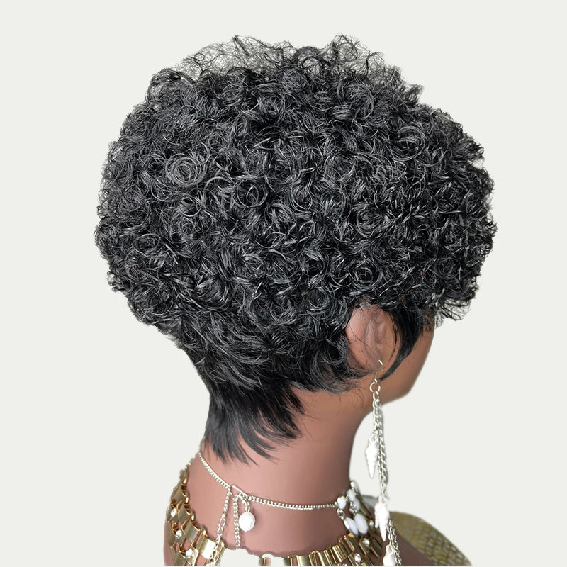 Glueless Short Salt And Pepper / Black Pixie Cut Curly Wig 100% Human Hair