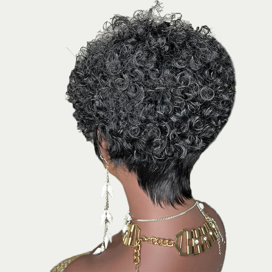 Glueless Short Salt And Pepper / Black Pixie Cut Curly Wig 100% Human Hair