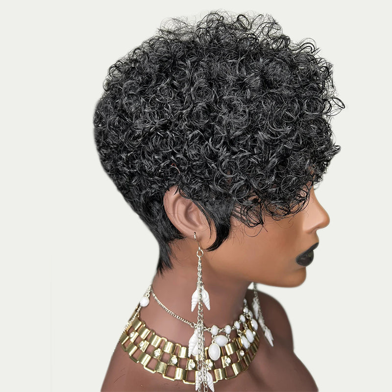 Glueless Short Salt And Pepper / Black Pixie Cut Curly Wig 100% Human Hair