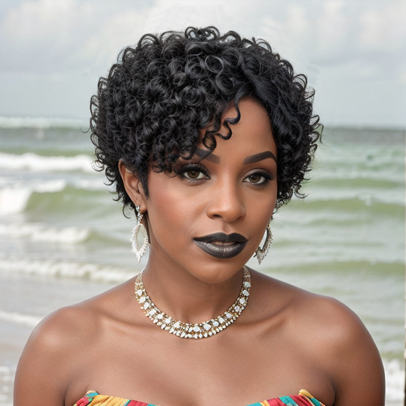 Glueless Short Salt And Pepper / Black Pixie Cut Curly Wig 100% Human Hair