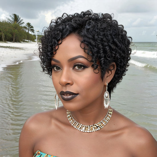 Glueless Short Salt And Pepper / Black Pixie Cut Curly Wig 100% Human Hair