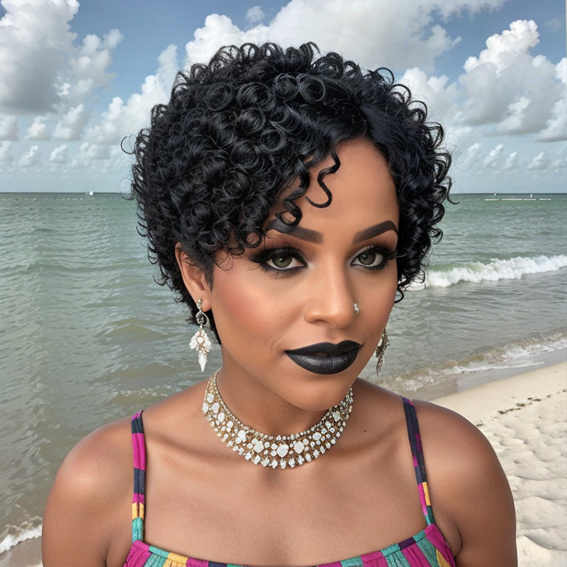 Glueless Short Salt And Pepper / Black Pixie Cut Curly Wig 100% Human Hair