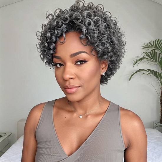 Glueless Short Salt And Pepper / Black Pixie Cut Curly Wig 100% Human Hair