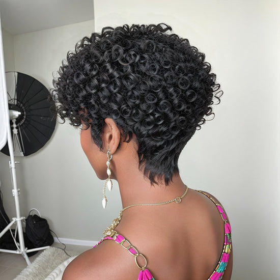 Glueless Short Salt And Pepper / Black Pixie Cut Curly Wig 100% Human Hair