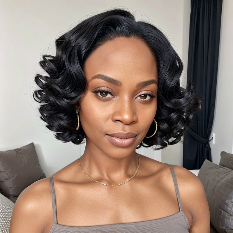 Jet Black Bob 5x5 Closure Lace Wig Glueless Loose Curly Wigs For Black Women