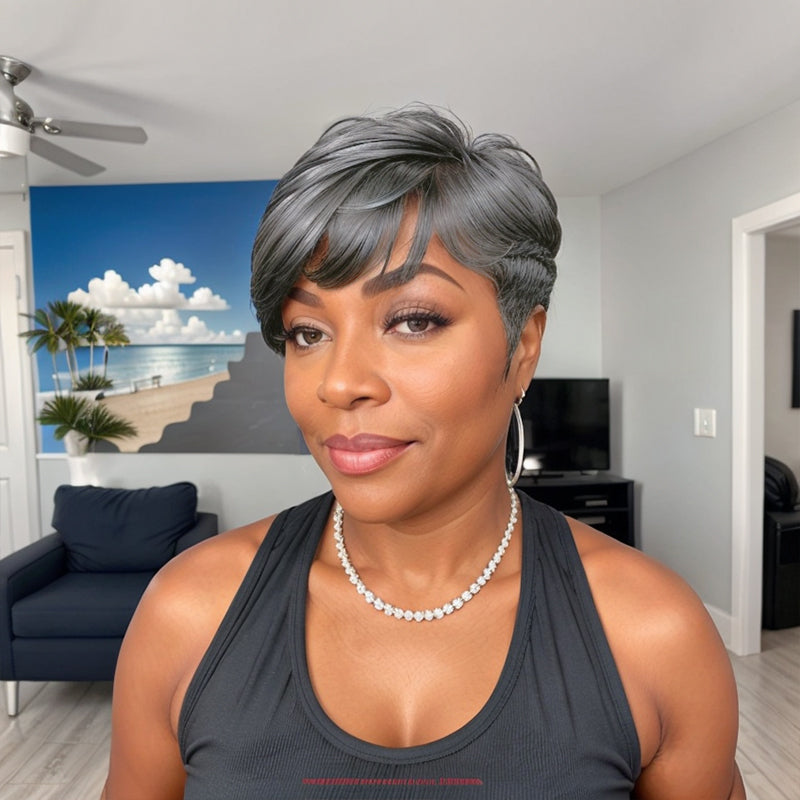 Kayla Unit |  Salt And Pepper Pixie Short Cut Glueless Human Hair Wig With Bangs Tapered Sides