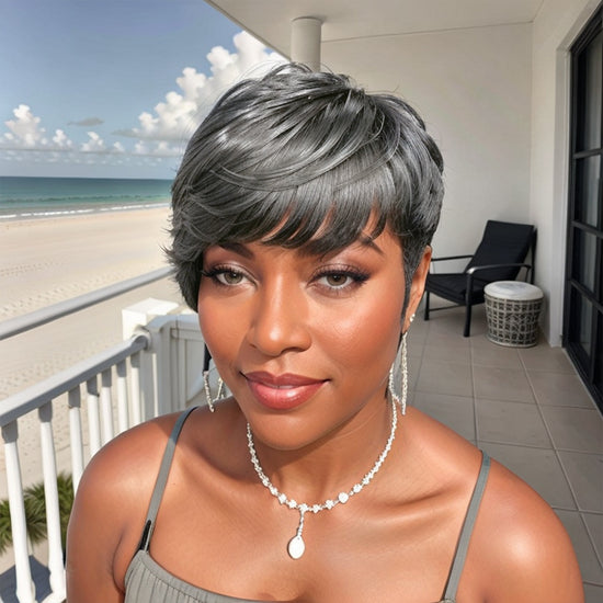 Kayla Unit |  Salt And Pepper Pixie Short Cut Glueless Human Hair Wig With Bangs Tapered Sides