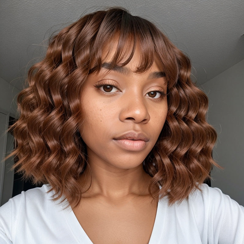 LinktoHair Body Wave Glueless Colored Bob with Bangs Wig 100% Human Ha