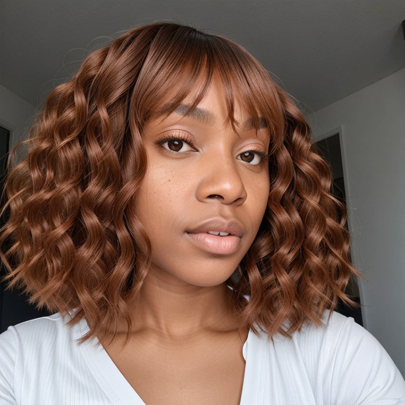 LinktoHair Body Wave Glueless Colored Bob with Bangs Wig 100% Human Ha