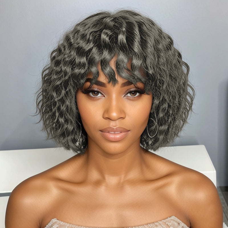 LinktoHair Salt and Pepper Wolf Cut Short Wavy Bob Glueless Wig With B