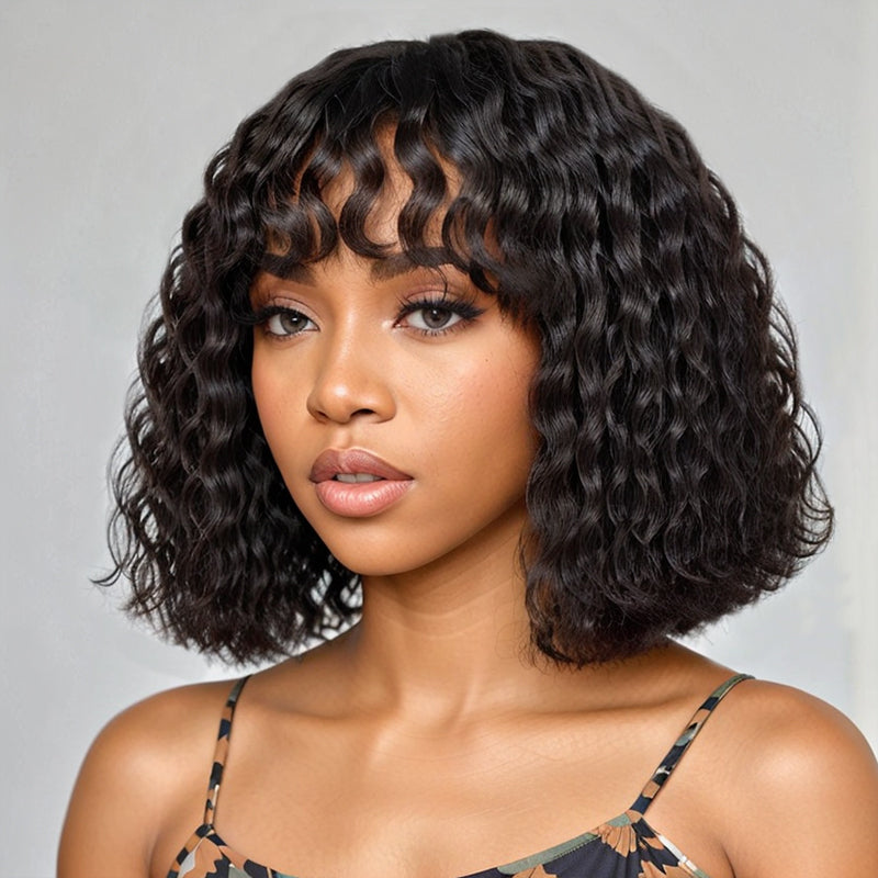 LinktoHair Short Bob Glueless Natural Wolf Cut Wavy Human Hair Wigs Wi