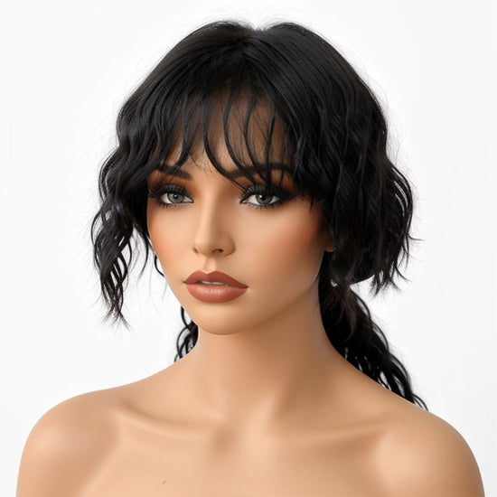 Salt And Pepper Wavy Curly Wig with Bangs 100% Human Hair Wigs Ready & Go