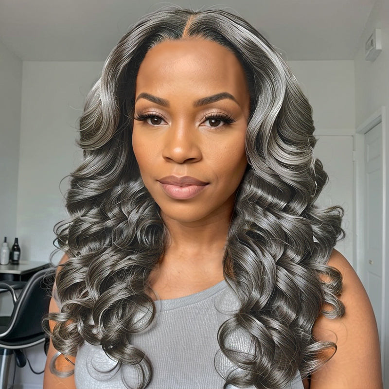 Linktohair Limited Design | Salt And Pepper Roll Curly Long Hair 13x4 Lace Front Wig 100% Human Hair