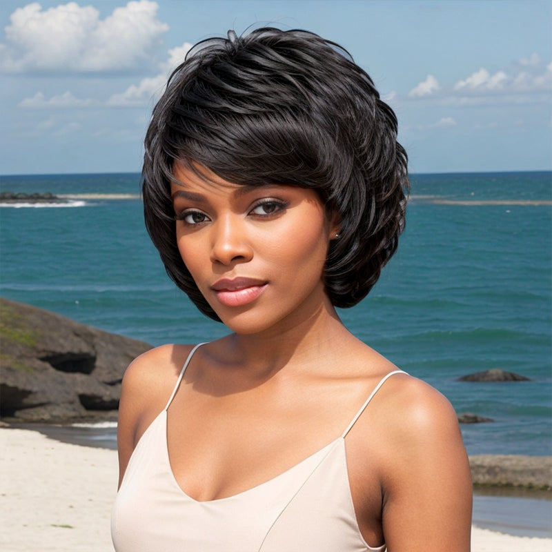 Linktohair Natural/Brown Hair Wig With Bangs Layered Cut Wigs For Black Woman