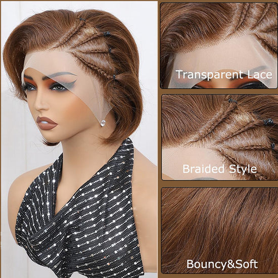 Medium Brown/Natural Black Short Pixie Braided Hairstyle Wig 13x4 Lace Front Straight Wigs For Black Women