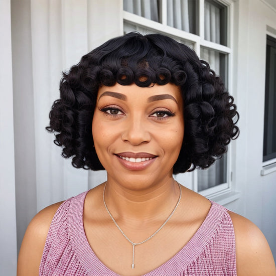 Salt And Pepper / Black Bouncy Wave Roll Bob Wig With Bnags Waves For Black Women