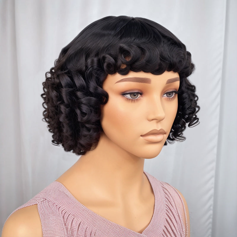 Salt And Pepper / Black Bouncy Wave Roll Bob Wig With Bnags Waves For Black Women