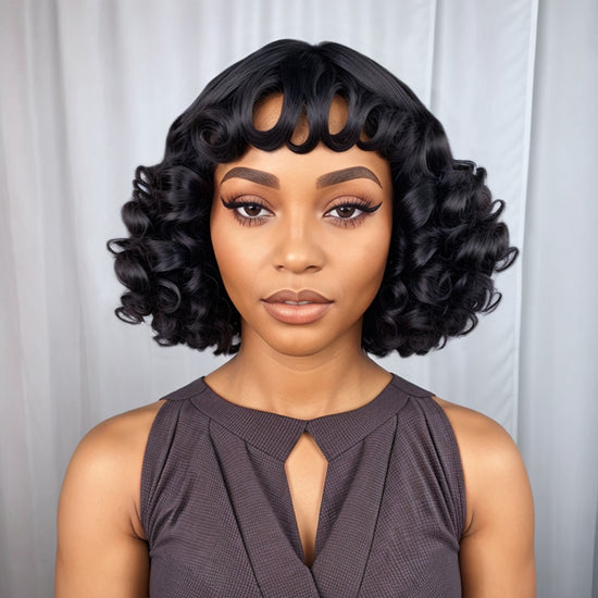 Salt And Pepper / Black Bouncy Wave Roll Bob Wig With Bnags Waves For Black Women