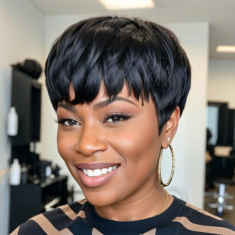 Ready To Wear Layered Pixie Cut Short Black Wig With Bangs 100 Virgin Linktohair 4836