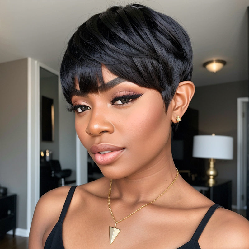 Ready To Wear Layered Pixie Cut Short Black Wig With Bangs 100 Virgin Linktohair 1131