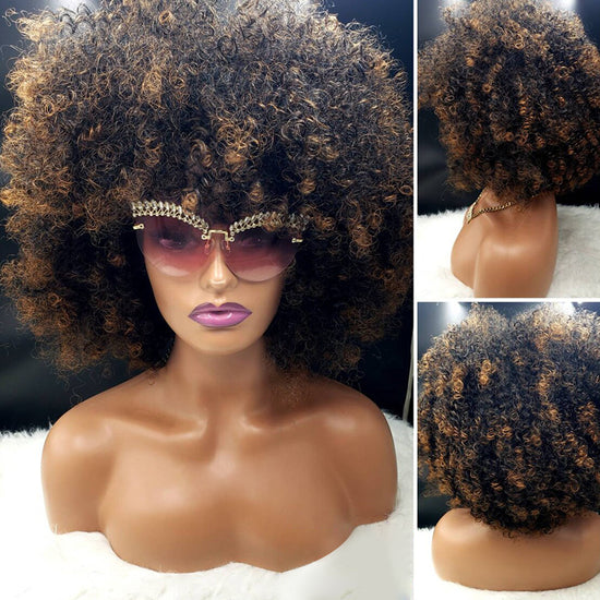 Salt And Pepper Afro Curly Bob Wig Glueless Brown Highlight Human Hair Wigs #1B/30