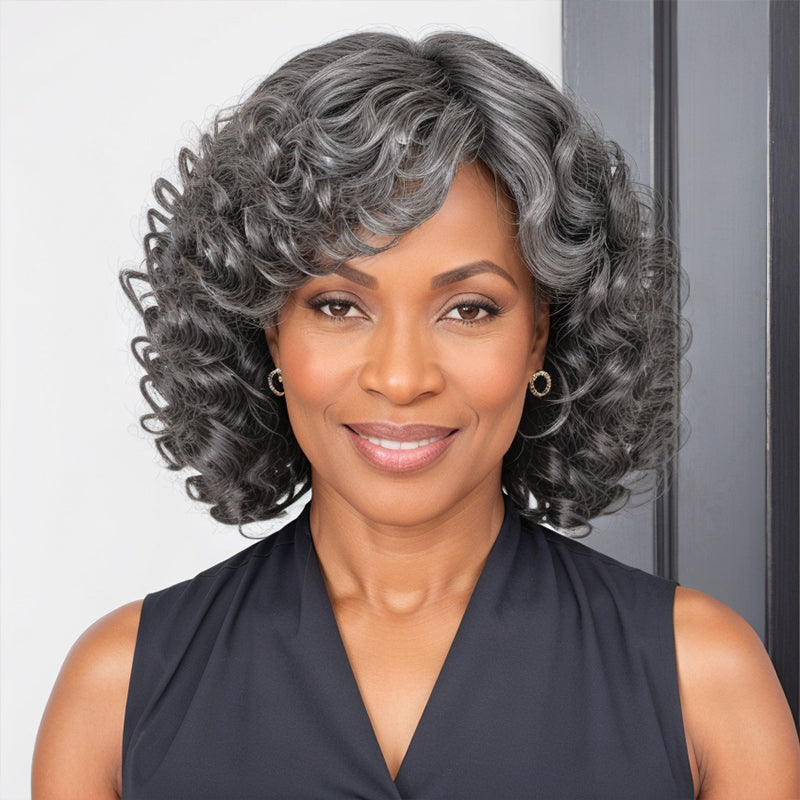 Miss Granny Salt And Pepper Glueless 5x5 Closure Lace Wig Deep Loose Wave Side Part With Bangs Human Hair